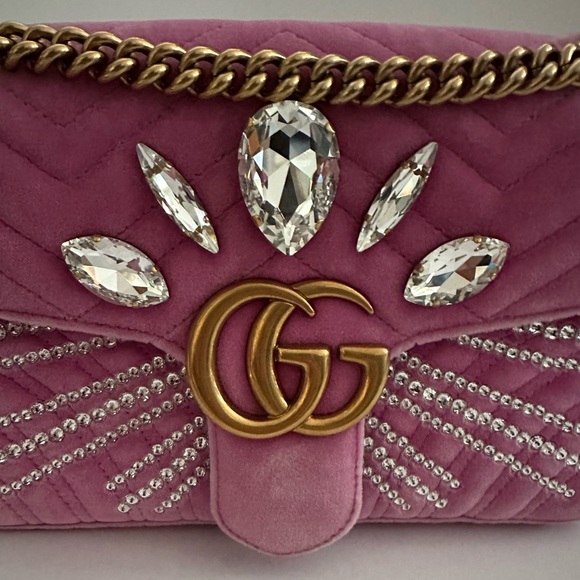 AUTH Gucci Pink Velvet Crystal GG Marmont Cossbody Shoulder Bag - Picture 3 of 7